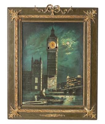 Lot 147 - A LATE 19TH CENTURY MOONLIT CLOCK PICTURE DEPICTING THE THAMES AND BIG BEN INLAID WITH MOTHER OF PEARL AND IN BRASS MOUNTED PAINTED FRAME