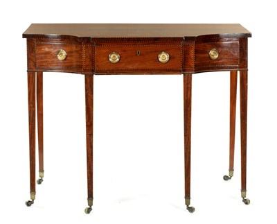 Lot 877 - AN UNUSUAL GEORGE III MAHOGANY SHERATON STYLE SIDE/SERVING TABLE OF SMALL SIZE