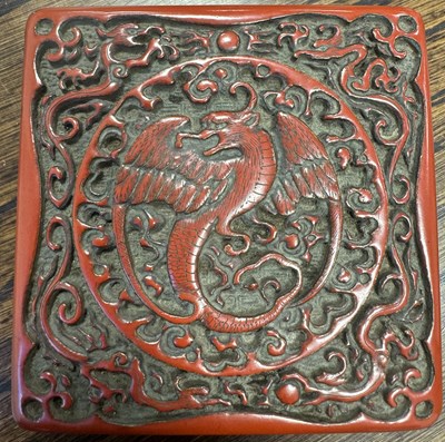 Lot 108 - AN 18TH/19TH CENTURY CHINESE CINNABAR CARVED LACQUERWORK BOX