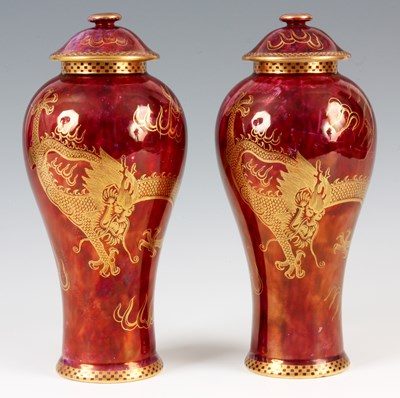 Lot 42 - A PAIR OF WEDGWOOD RED LUSTRE VASES AND COVERS...