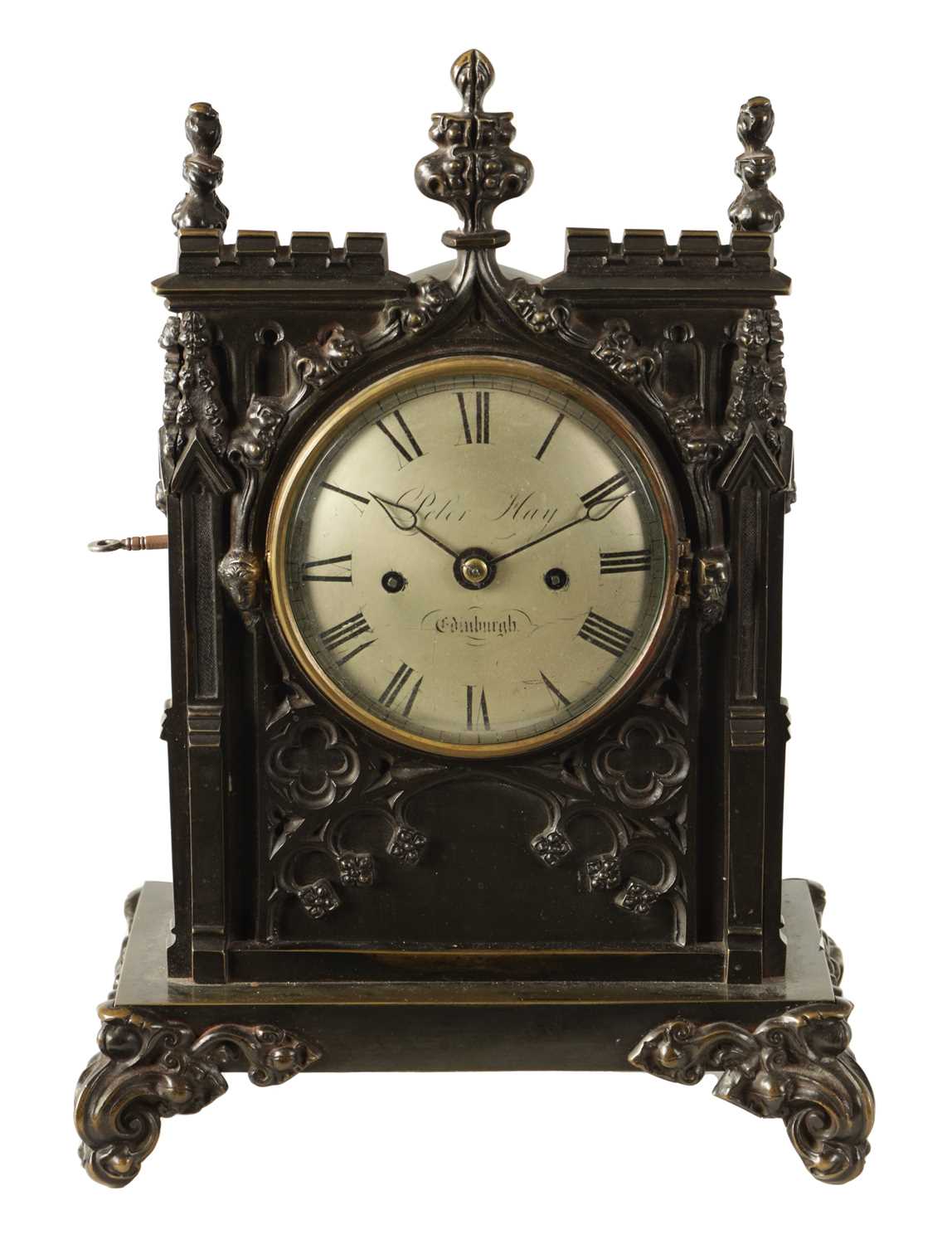 Lot 629 - PETER HAY, EDINBURGH. A BRONZE CASED DOUBLE FUSEE MANTEL CLOCK