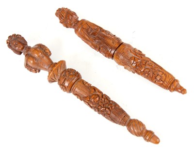 Lot 425 - TWO 19TH CENTURY FINELY CARVED AND TURNED...