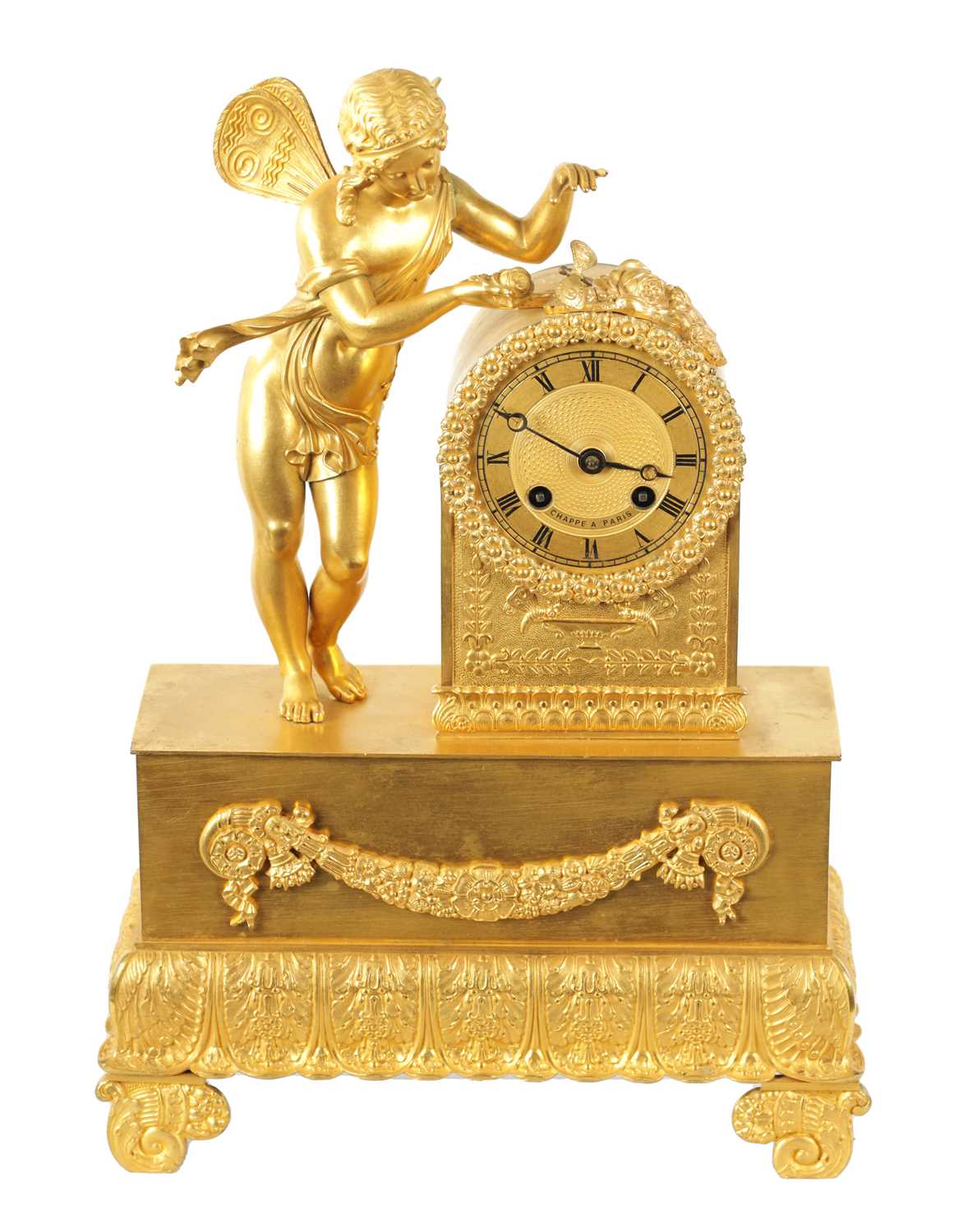 Lot 684 - CHAPPE A’PARIS. A 19TH CENTURY FRENCH GILT ORMOLU FIGURAL MANTEL CLOCK WITH AUTOMATON ROCKING BEE