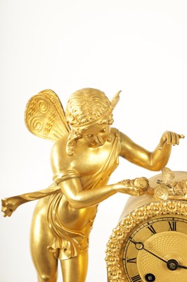 Lot 684 - CHAPPE A’PARIS. A 19TH CENTURY FRENCH GILT ORMOLU FIGURAL MANTEL CLOCK WITH AUTOMATON ROCKING BEE