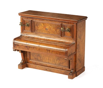 Lot 336 - A 19TH CENTURY FIGURED WALNUT CIGAR COMPENDIUM FORMED AS AN UPRIGHT PIANO