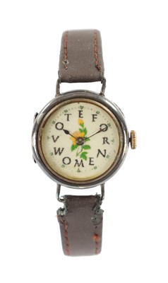 Lot 268 - A RARE VINTAGE SILVER CASED SUFFRAGETTE "VOTE FOR WOMEN" WRISTWATCH WITH FLORAL DECORATION