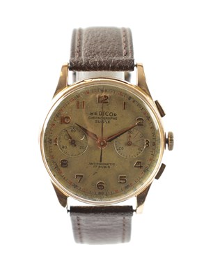 Lot 270 - AN 18CT YELLOW GOLD HEDICOR 19 JEWEL MANUAL WIND CHRONOGRAPH MANUAL GENTLEMANS WRISTWATCH