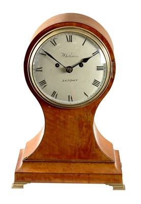 Lot 655 - WHITEAVES, LONDON. A GEORGE III FIGURED SATINWOOD BALLOON SHAPED DOUBLE FUSEE BRACKET CLOCK