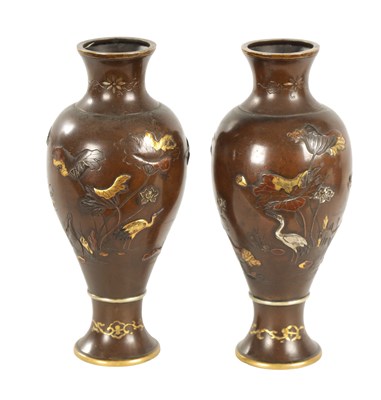 Lot 165 - A PAIR OF JAPANESE MEIJI PERIOD MIXED METAL BRONZE VASES