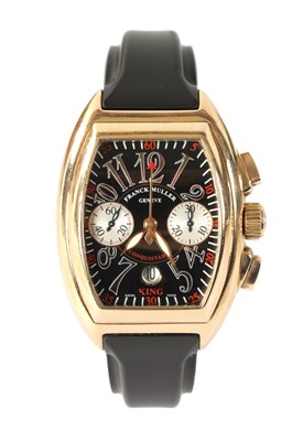 Lot 246 - FRANCK MULLER, REF 8002CC KING CONQUISTADOR 18CT GOLD TONNEAU-SHAPED AUTOMATIC CHRONOGRAPH WRISTWATCH WITH DATE, CIRCA 2003