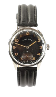 Lot 248 - A VINTAGE MILITARY STYLE REVUE-SPORT STEEL WRISTWATCH