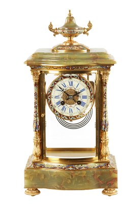 Lot 663 - A LATE 19TH CENTURY FRENCH ORMOLU, CHAMPLEVE ENAMEL AND ONYX MANTEL CLOCK