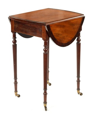 Lot 992 - A LATE GEORGE III MAHOGANY AND ROSEWOOD CROSS-BANDED PEMBROKE TABLE