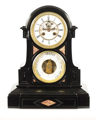 Lot 666 - A LATE 19TH CENTURY FRENCH BLACK SLATE AND MARBLE CLOCK BAROMETER