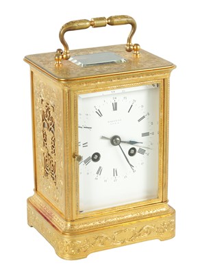 Lot 756 - BREVETE. A LARGE LATE 19TH CENTURY GILT BRASS ENGRAVED CASE CARRIAGE CLOCK/ALARM