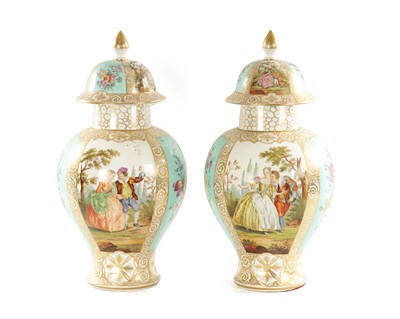 Lot 48 - A IMPRESSIVE LARGE PAIR OF LATE 19TH CENTURY DRESDEN PORCELAIN HALL VASES AND COVERS