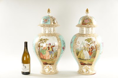 Lot 48 - A IMPRESSIVE LARGE PAIR OF LATE 19TH CENTURY DRESDEN PORCELAIN HALL VASES AND COVERS