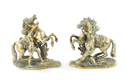 Lot 775 - AN UNUSUAL PAIR OF 19TH CENTURY MINIATURE BRONZE MARLEY HORSES