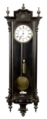 Lot 67 - A LATE 19TH CENTURY EBONISED SINGLE WEIGHT VIENNA STYLE WALL CLOCK
