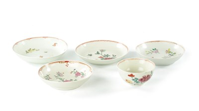 Lot 313 - A COLLECTION OF FIVE 18TH CENTURY CHAFFERS TEA BOWL AND SAUCERS