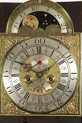 Lot 1215 - THOMAS LISTER, LUDDENDEN. A MID 18TH CENTURY EIGHT-DAY BRASS DIAL MOON ROLLER LONGCASE CLOCK