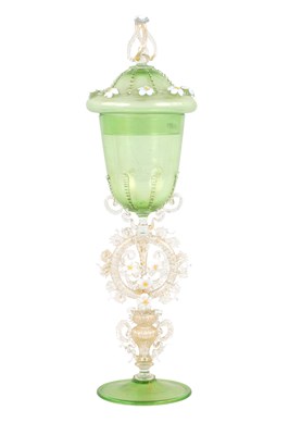 Lot 30 - A 19TH CENTURY SALVIATI VENETIAN GLASS LIDDED GOBLET WITH LATICINO LAMP WORK DETAILING