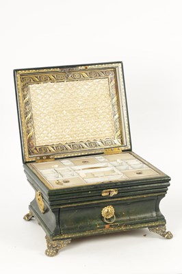 Lot 1052 - A FINE REGENCY TOOLED LEATHER LADIES COMBINED SEWING / WRITING BOX OF SARCOPHAGUS FORM