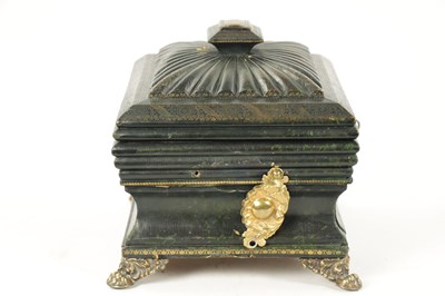 Lot 1052 - A FINE REGENCY TOOLED LEATHER LADIES COMBINED SEWING / WRITING BOX OF SARCOPHAGUS FORM