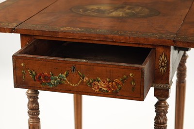 Lot 1504 - A 19TH CENTURY REGENCY STYLE PAINTED SATINWOOD PEMBROKE DROP-LEAF TABLE