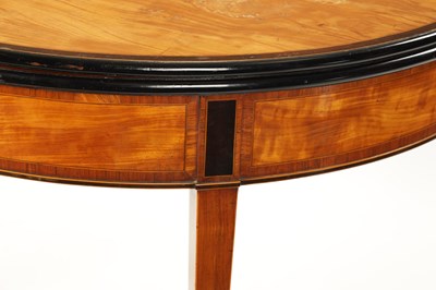 Lot 1494 - A GEORGE III SATINWOOD AND INLAID EBONISED DEMI LUNE FOLD OVER CARD TABLE