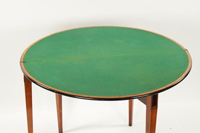 Lot 1494 - A GEORGE III SATINWOOD AND INLAID EBONISED DEMI LUNE FOLD OVER CARD TABLE