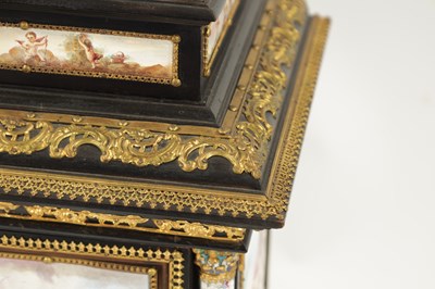 Lot 959 - A FINE AND RARE EARLY/MID 19TH CENTURY AUSTRIAN EBONISED, PRESSED BRASS MOUNTED AND VIENNESE ENAMELLED TABLE CABINET WITH WATCH INSET SIGNED BREGUET A PARIS