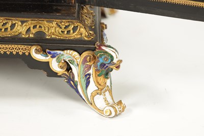 Lot 959 - A FINE AND RARE EARLY/MID 19TH CENTURY AUSTRIAN EBONISED, PRESSED BRASS MOUNTED AND VIENNESE ENAMELLED TABLE CABINET WITH WATCH INSET SIGNED BREGUET A PARIS