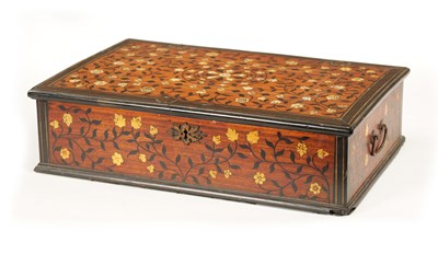 Lot 554 - A 17TH/18TH CENTURY INDO PORTUGUESE EBONY AND IVORY INLAID FITTED SHALLOW BOX