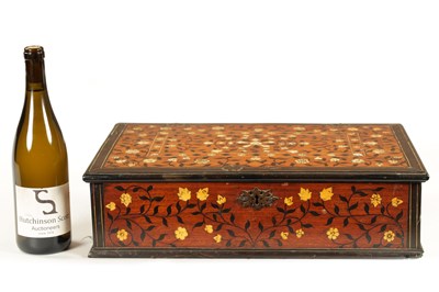 Lot 554 - A 17TH/18TH CENTURY INDO PORTUGUESE EBONY AND IVORY INLAID FITTED SHALLOW BOX