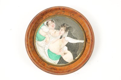 Lot 1022 - A 19TH CENTURY FRENCH BURRWOOD EROTIC SNUFF BOX