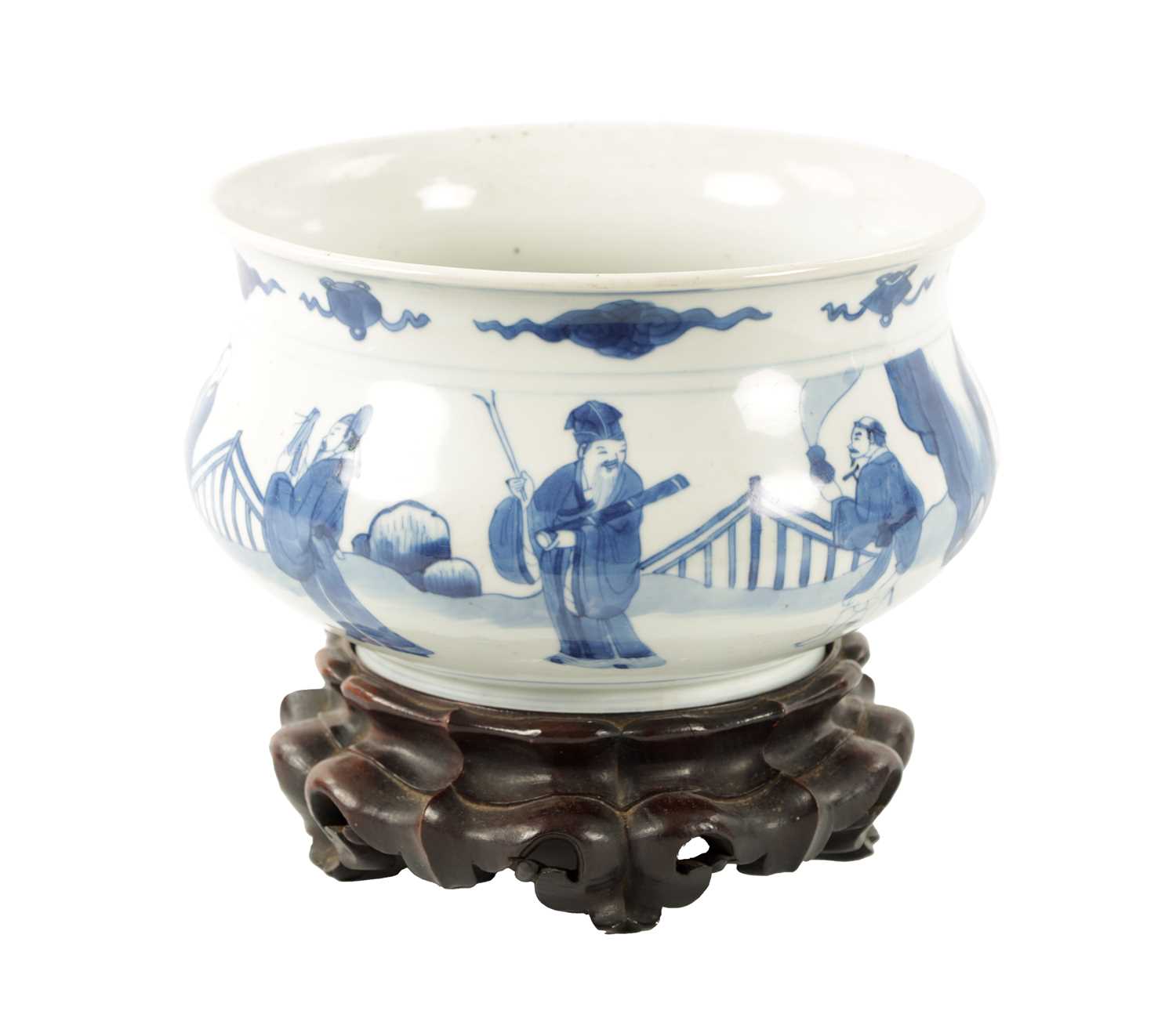 Lot 497 - A CHINESE MING DYNASTY BLUE AND WHITE PORCELAIN CENSER ON HARDWOOD STAND