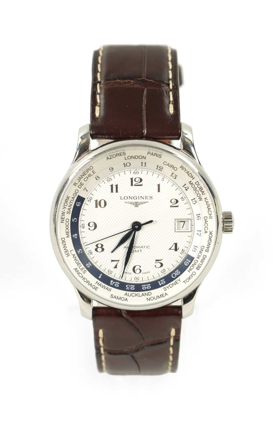 Lot 654 - A GENTLEMAN’S LONGINES MASTER COLLECTION GMT WORLD TIME WRISTWATCH