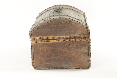 Lot 1083 - AN 18TH CENTURY STUDDED PINE SMALL DOME-TOP TRUNK BEARING ORIGINAL TRADE LABEL FOR  JOHN CLEMENTE’S, ST. PAUL’S CHURCHYARD