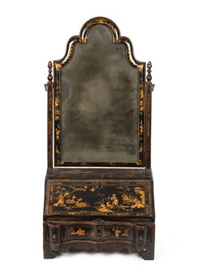 Lot 1496 - A FINE EARLY 18TH CENTURY CHINOISERIE DECORATED BLACK LACQUER TABLE BUREAU/MIRROR
