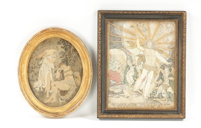 Lot 1190 - AN 18TH CENTURY SMALL OVAL TEXTILE PICTURE TOGETHER WITH AN EARLY TEXTILE COLLAGE PRINT OF CHRIST