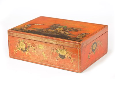 Lot 1056 - A 19TH CENTURY RED LACQUER AND CHINOISERIE DECORATED BOX