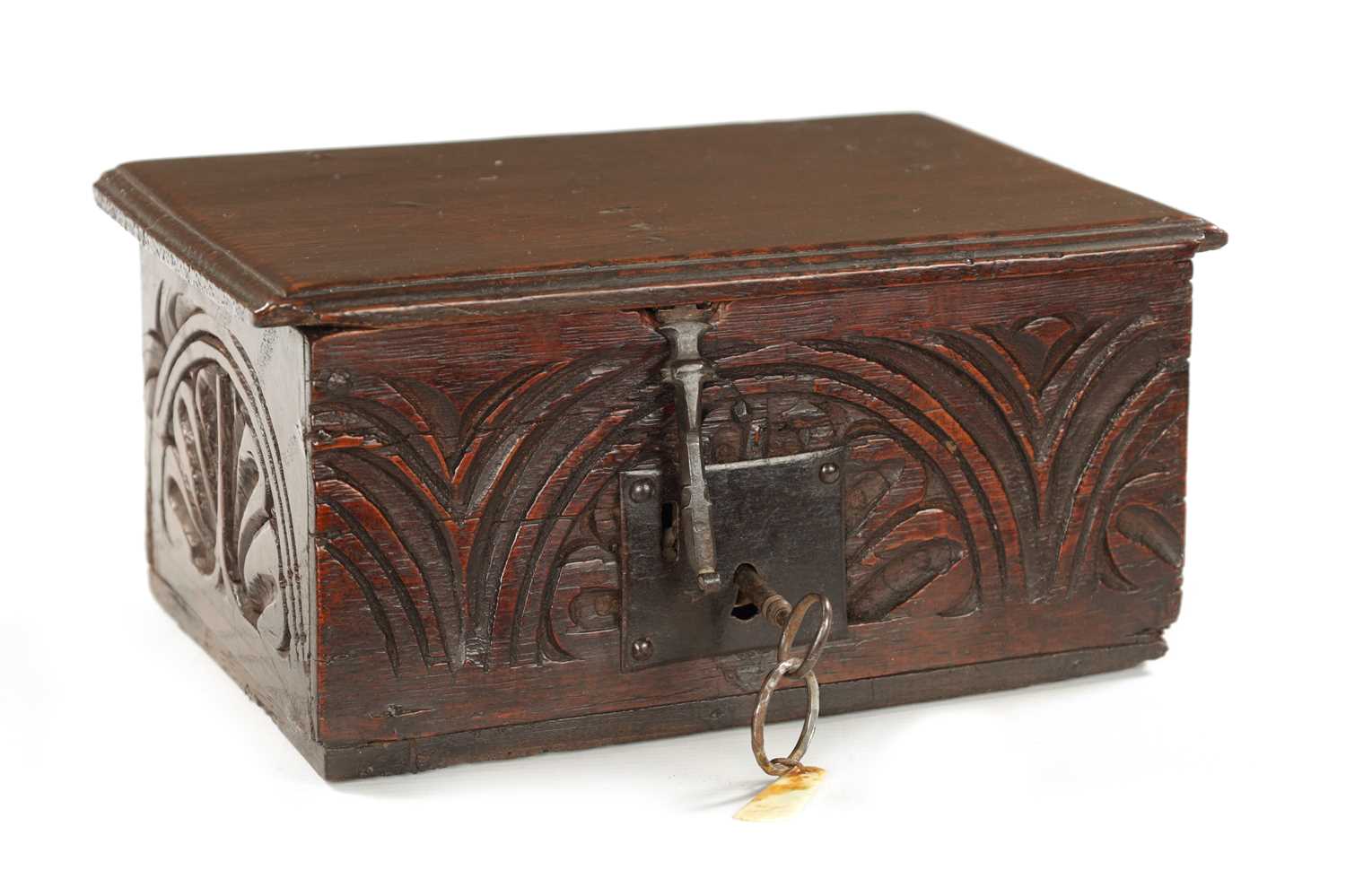 Lot 1099 - A GOOD 17TH CENTURY UNUSUALLY SMALL OAK BIBLE BOX OF FINE COLOUR AND PATINA