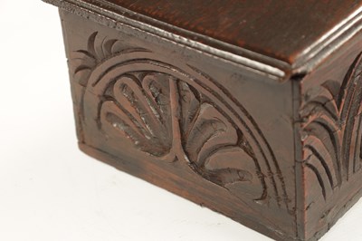 Lot 1099 - A GOOD 17TH CENTURY UNUSUALLY SMALL OAK BIBLE BOX OF FINE COLOUR AND PATINA