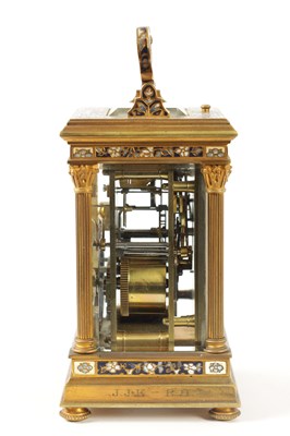 Lot 1308 - A LATE 19TH CENTURY FRENCH GILT BRASS AND CHAMPLEVE ENAMEL REPEATING CARRIAGE CLOCK