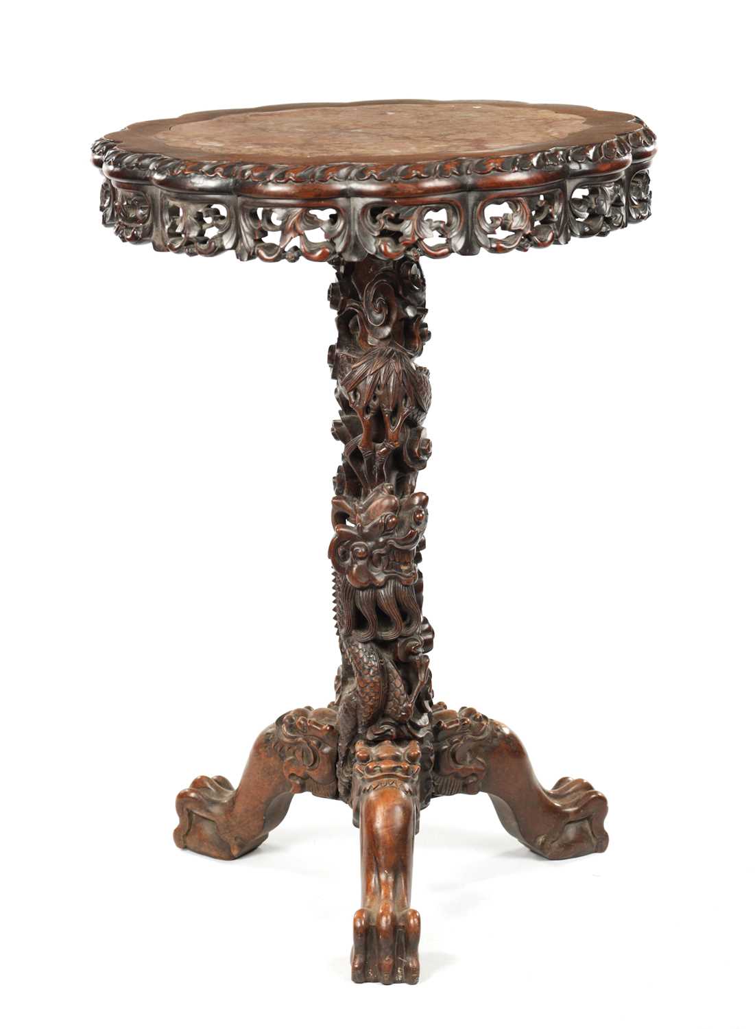 Lot 577 - A GOOD 19TH CENTURY CHINESE CARVED HARDWOOD MARBLE TOPPED OCCASIONAL TABLE