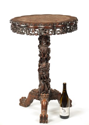 Lot 577 - A GOOD 19TH CENTURY CHINESE CARVED HARDWOOD MARBLE TOPPED OCCASIONAL TABLE
