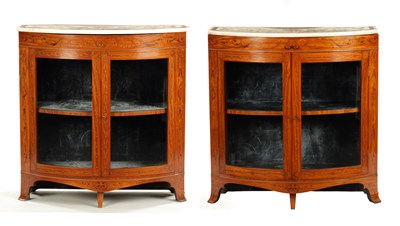 Lot 1461 - A FINE PAIR OF GEORGE III INLAID SATINWOOD BOW-FRONT SIDE CABINETS IN THE MANNER OF MOORE OF DUBLIN