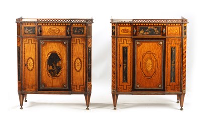 Lot 1433 - A FINE PAIR OF 18TH CENTURY CONTINENTAL SATINWOOD AND MAHOGANY LACQUERWORK AND INLAID SIDE CABINETS