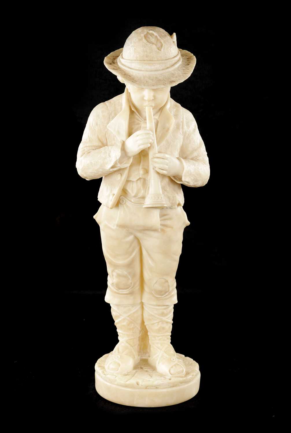 Lot 1000 - A 19TH CENTURY CARVED ALABASTER FIGURE OF A BOY PLAYING AN INSTRUMENT